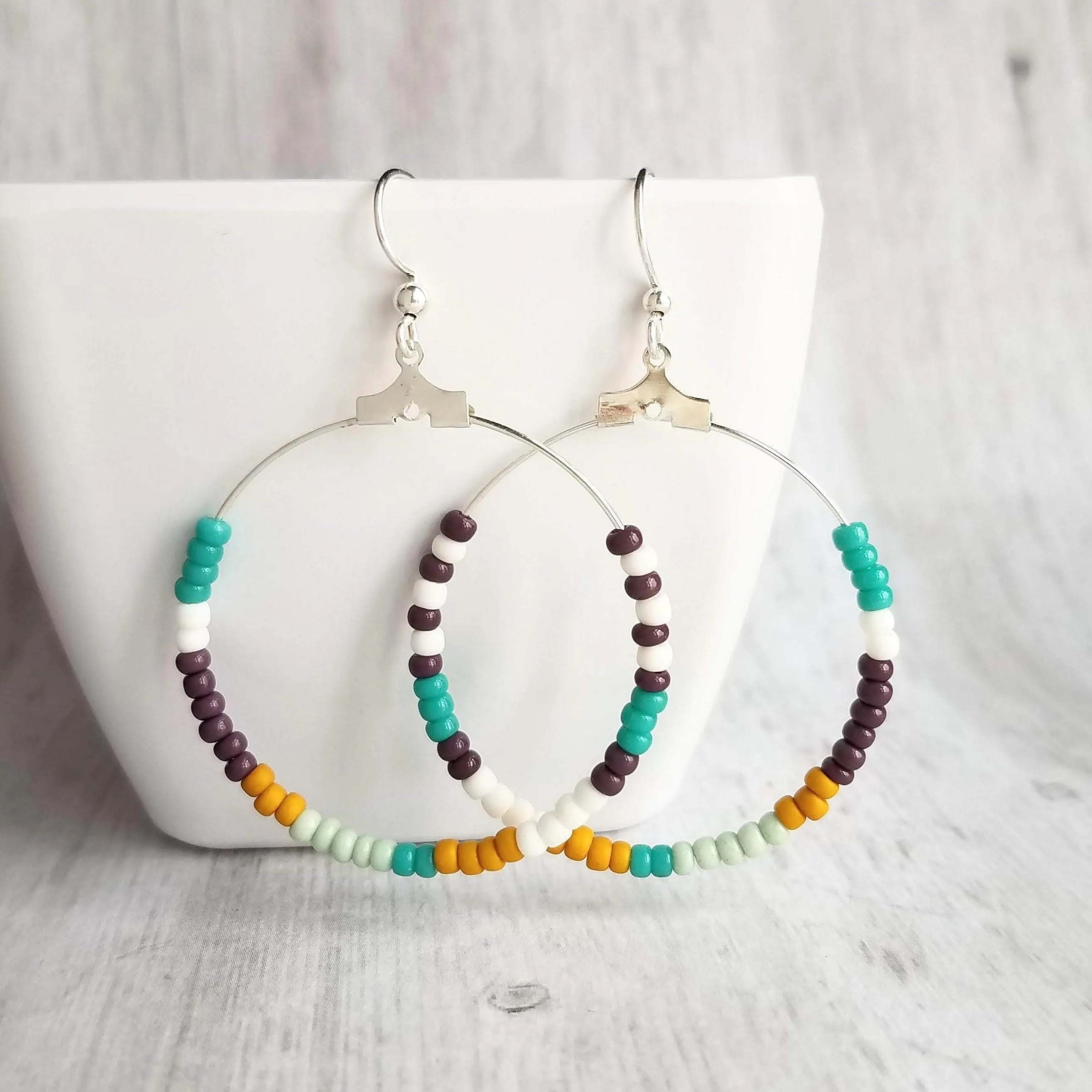 Beaded Silver Hoop Earrings, thin circle earring, beaded hoop, seed bead earring, beaded earring, mint, mustard, turquoise, plum brown, tiny