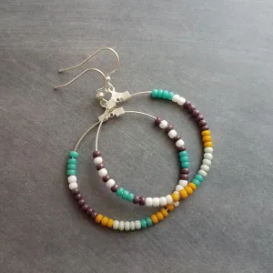 Beaded Silver Hoop Earrings, thin circle earring, beaded hoop, seed bead earring, beaded earring, mint, mustard, turquoise, plum brown, tiny