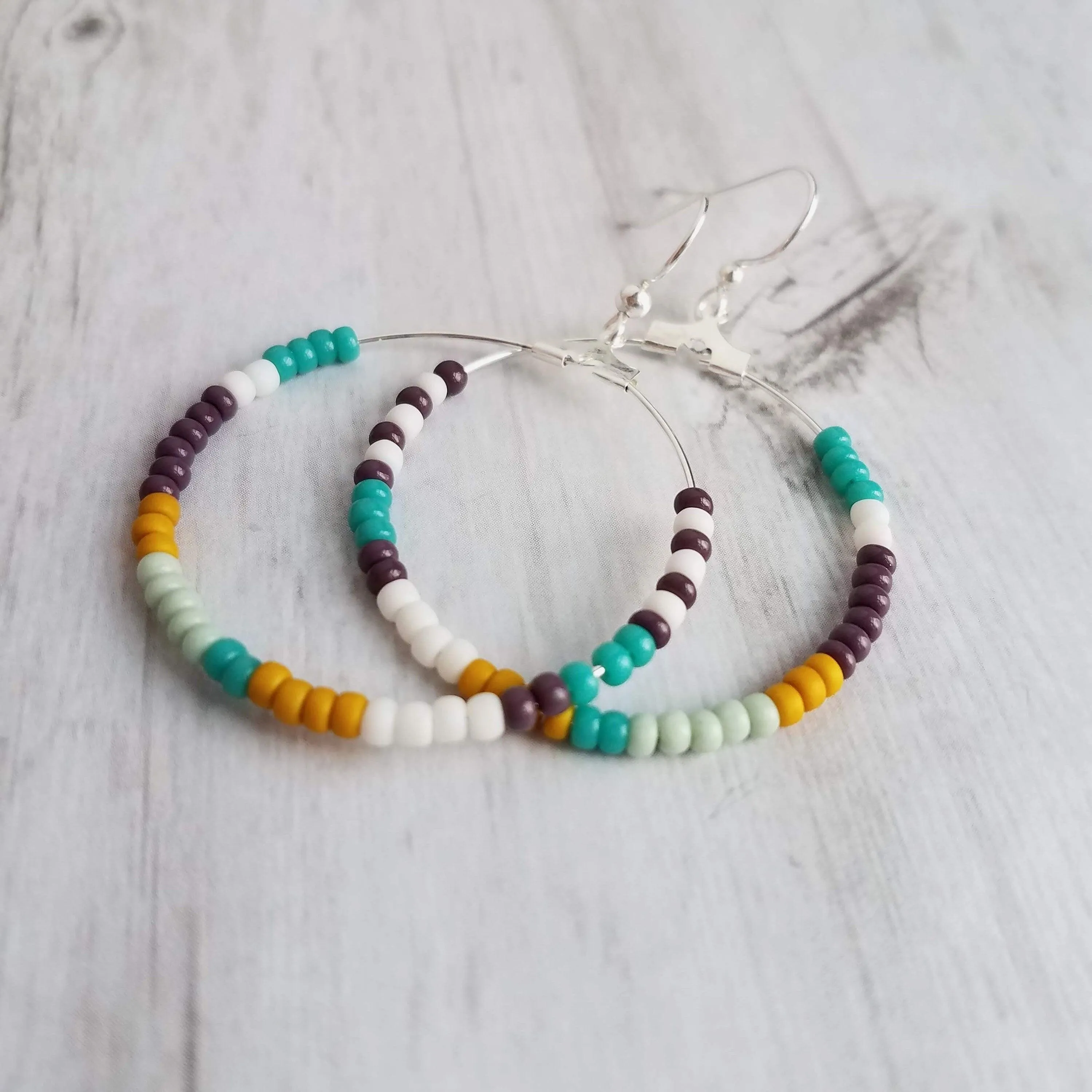 Beaded Silver Hoop Earrings, thin circle earring, beaded hoop, seed bead earring, beaded earring, mint, mustard, turquoise, plum brown, tiny
