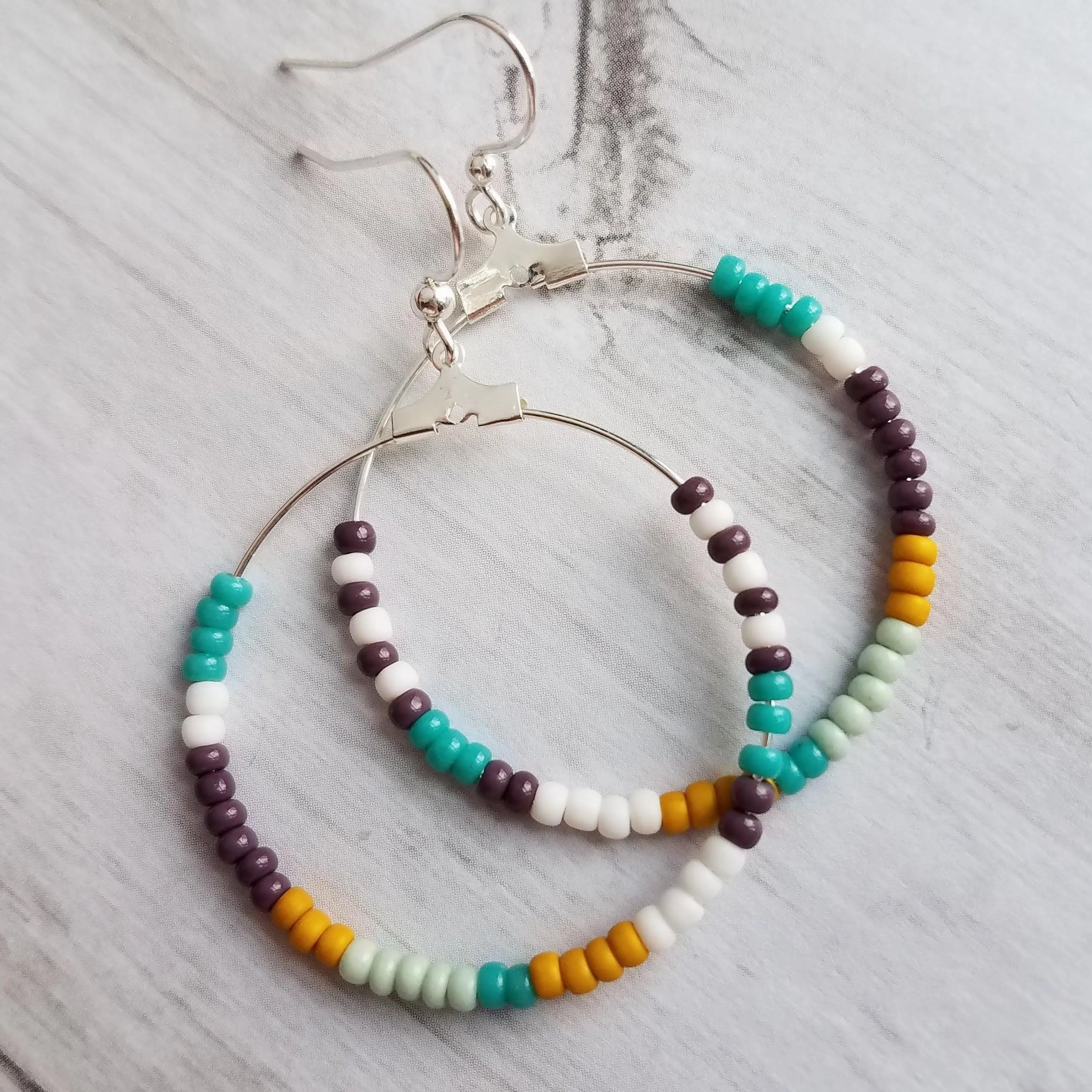 Beaded Silver Hoop Earrings, thin circle earring, beaded hoop, seed bead earring, beaded earring, mint, mustard, turquoise, plum brown, tiny