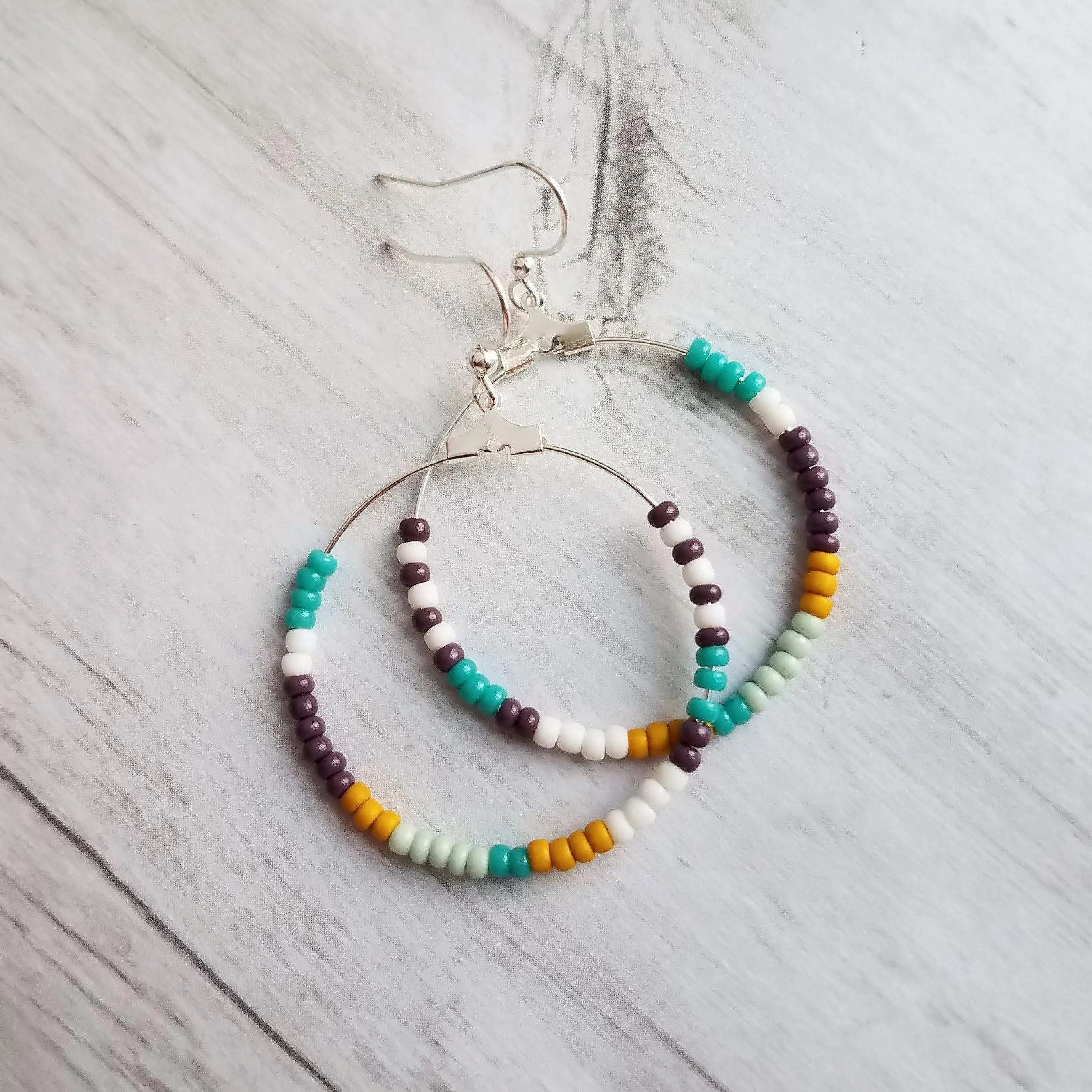 Beaded Silver Hoop Earrings, thin circle earring, beaded hoop, seed bead earring, beaded earring, mint, mustard, turquoise, plum brown, tiny
