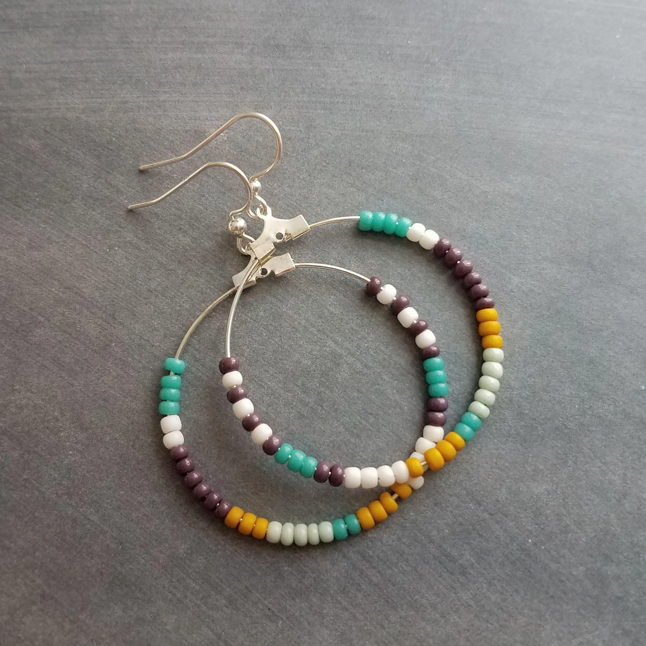 Beaded Silver Hoop Earrings, thin circle earring, beaded hoop, seed bead earring, beaded earring, mint, mustard, turquoise, plum brown, tiny