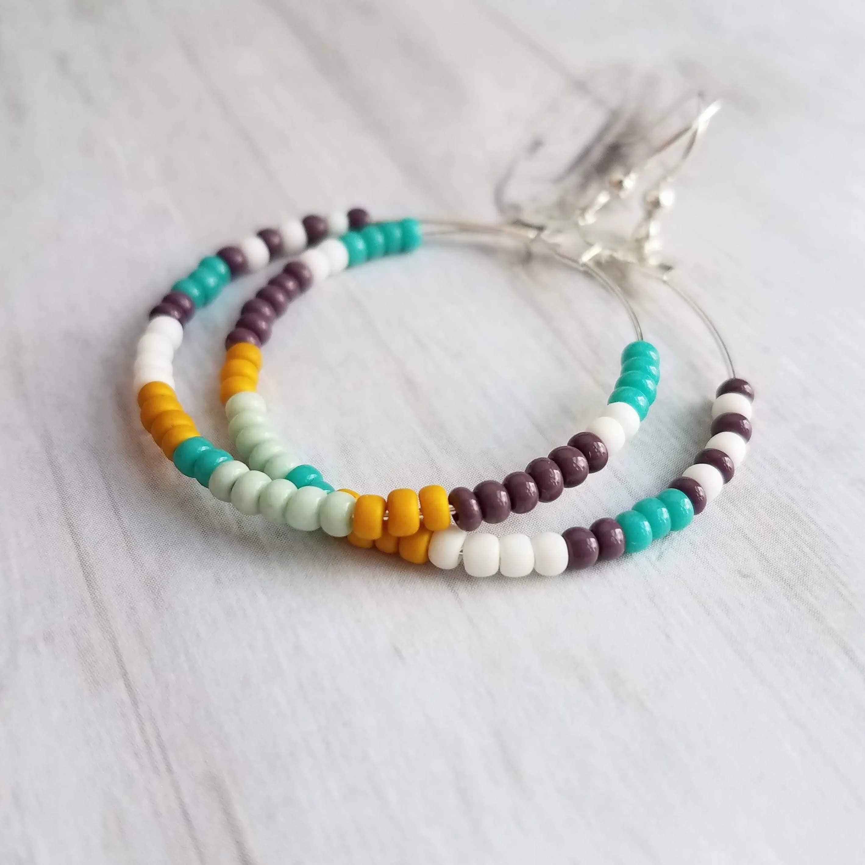 Beaded Silver Hoop Earrings, thin circle earring, beaded hoop, seed bead earring, beaded earring, mint, mustard, turquoise, plum brown, tiny