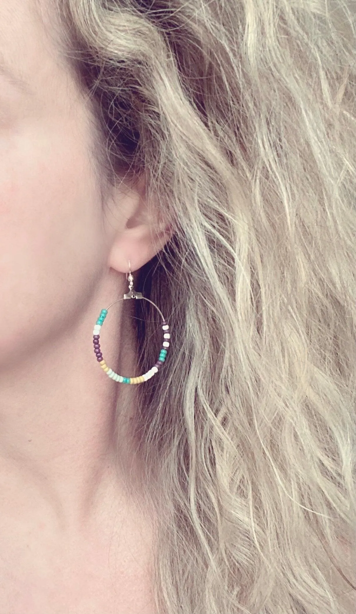 Beaded Silver Hoop Earrings, thin circle earring, beaded hoop, seed bead earring, beaded earring, mint, mustard, turquoise, plum brown, tiny