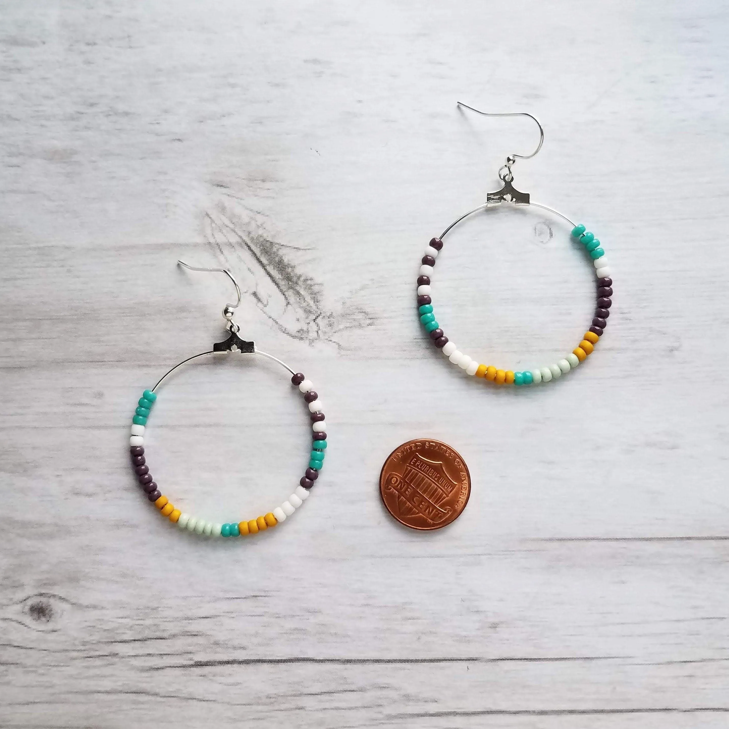 Beaded Silver Hoop Earrings, thin circle earring, beaded hoop, seed bead earring, beaded earring, mint, mustard, turquoise, plum brown, tiny