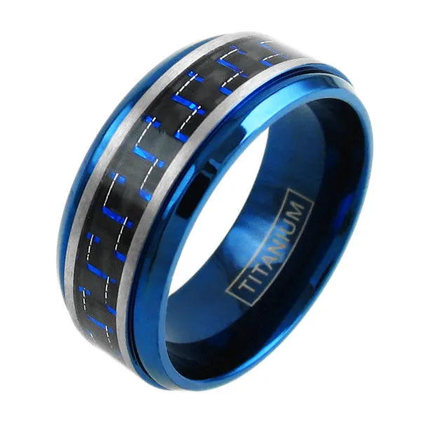 Beautiful Royal Blue Titanium Ring with Black and Electric Blue Carbon Fiber Inlay.
