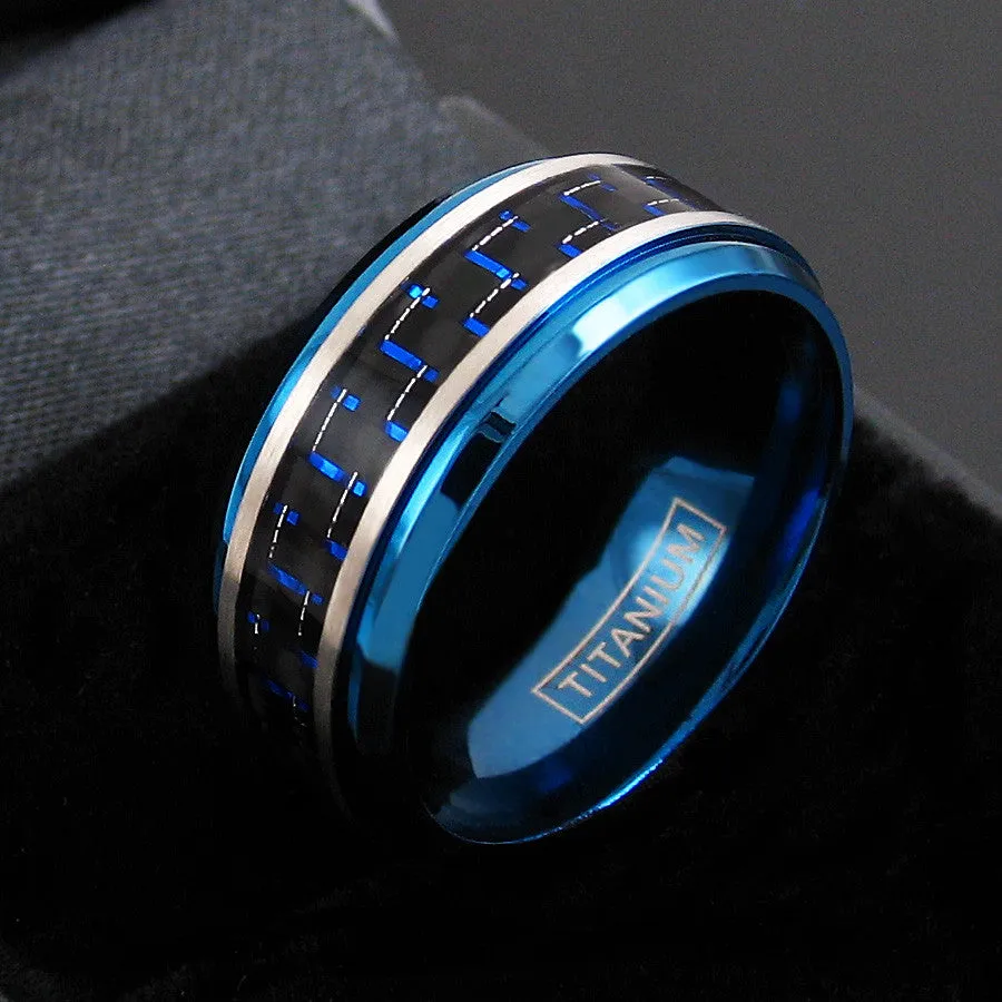 Beautiful Royal Blue Titanium Ring with Black and Electric Blue Carbon Fiber Inlay.