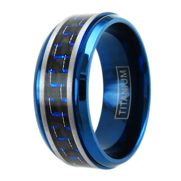 Beautiful Royal Blue Titanium Ring with Black and Electric Blue Carbon Fiber Inlay.