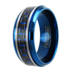Beautiful Royal Blue Titanium Ring with Black and Electric Blue Carbon Fiber Inlay.