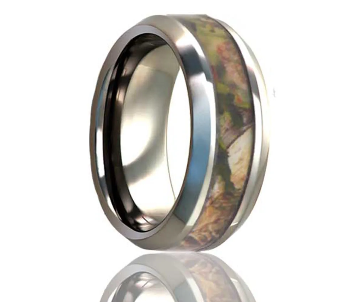 Beveled Edge Woodland Pine Camo Titanium Ring