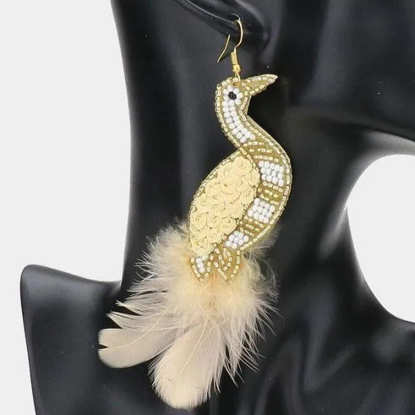 Bird Gold Seed Bead Feather Earrings