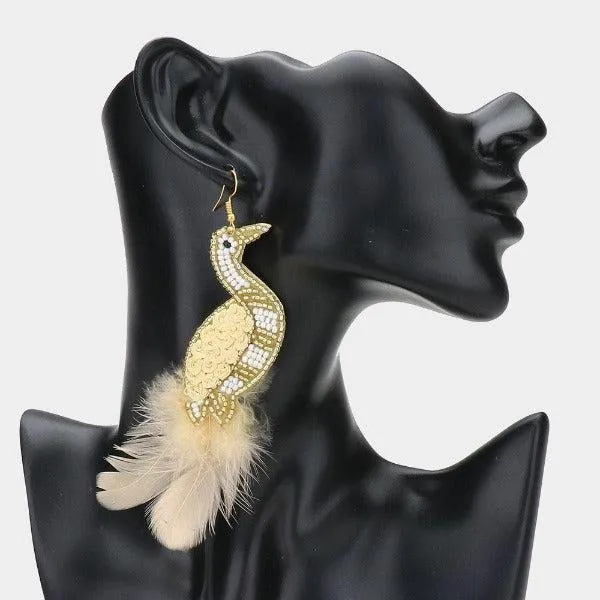 Bird Gold Seed Bead Feather Earrings