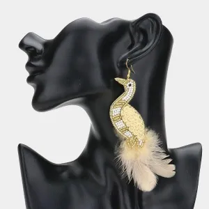 Bird Gold Seed Bead Feather Earrings