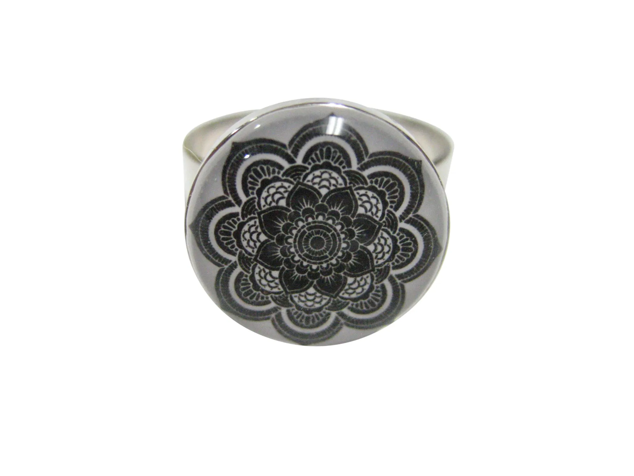 Black and White Toned Mandala Design Adjustable Size Fashion Ring