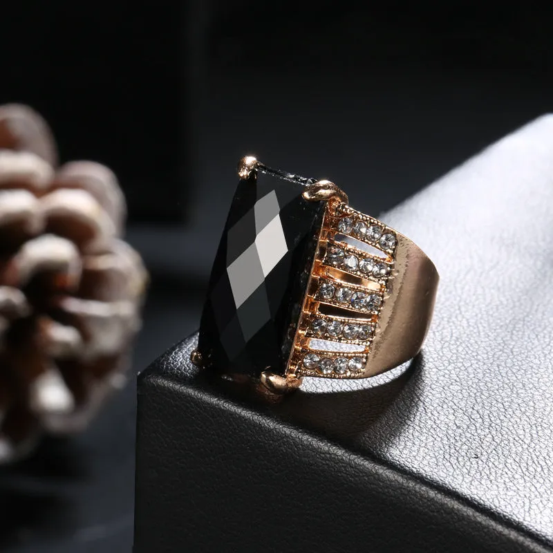 Black Crystal & Cubic Zirconia 18K Gold-Plated Rectangle Prong Ring