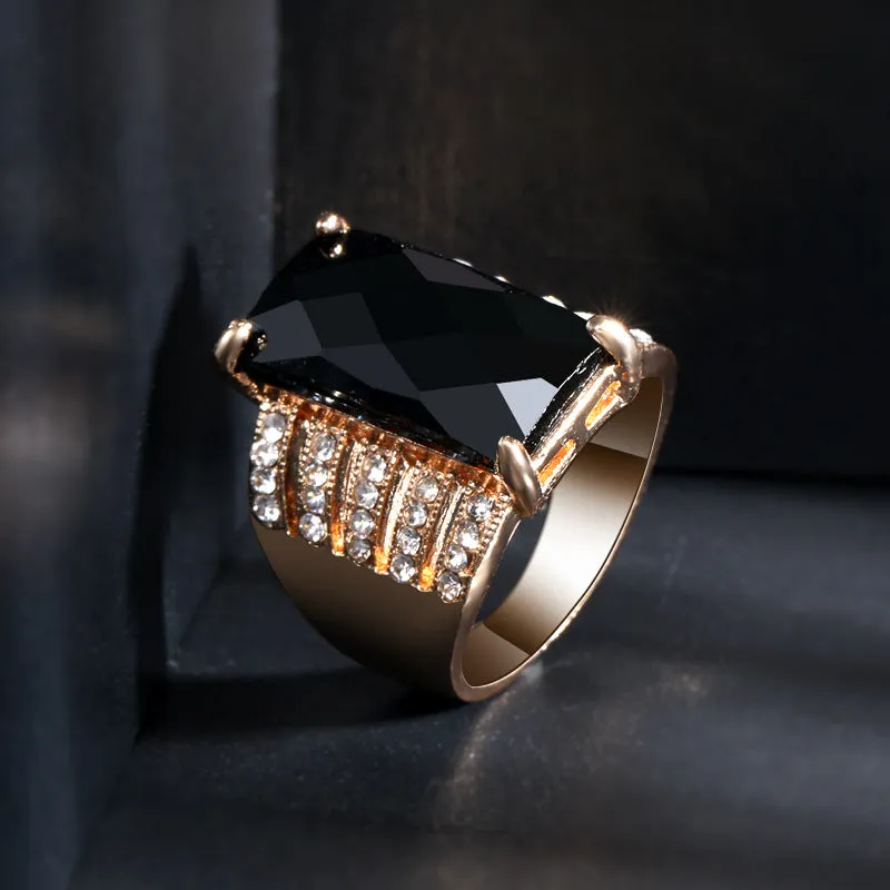 Black Crystal & Cubic Zirconia 18K Gold-Plated Rectangle Prong Ring