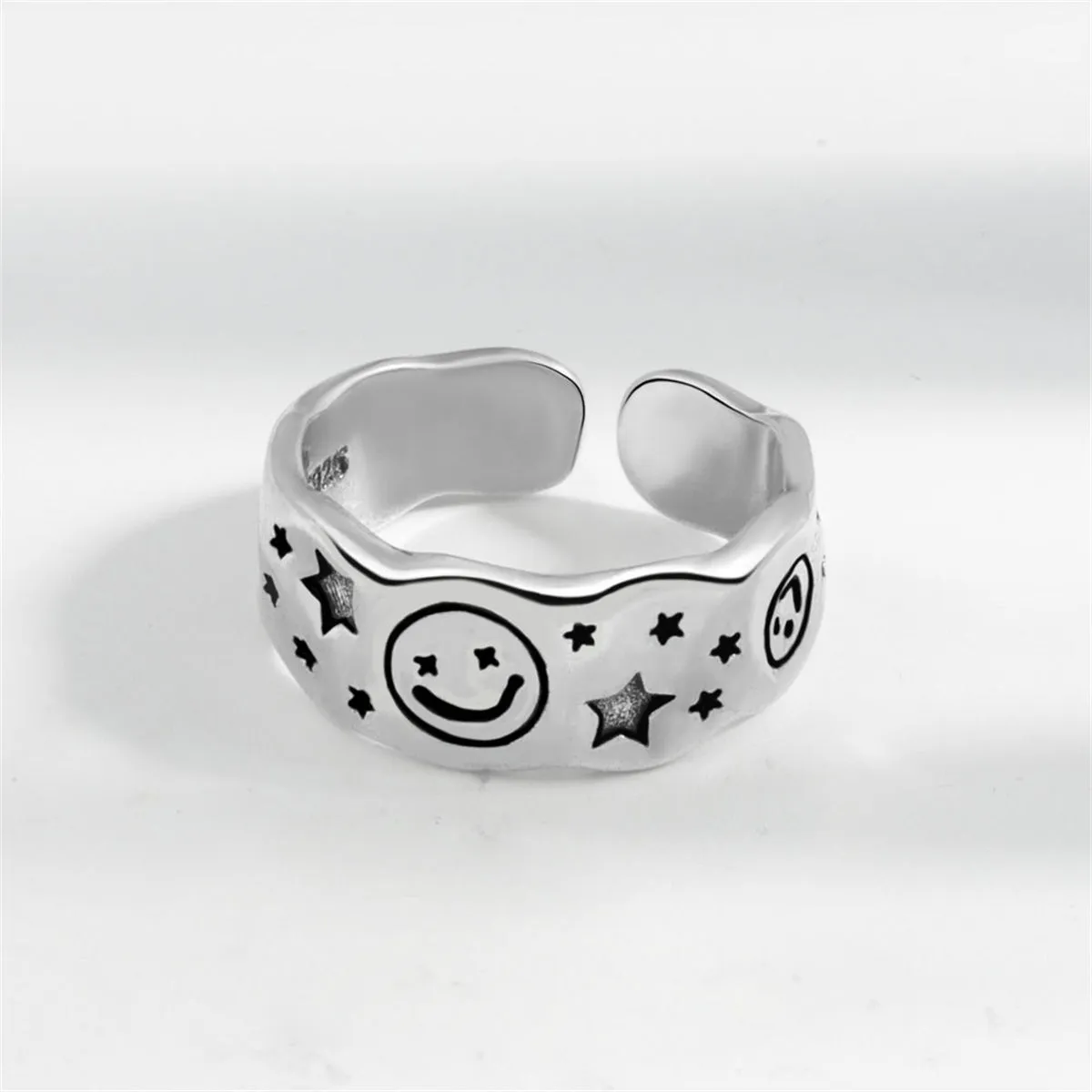 Black Enamel & Silver-Plated Star Smiley Open Ring