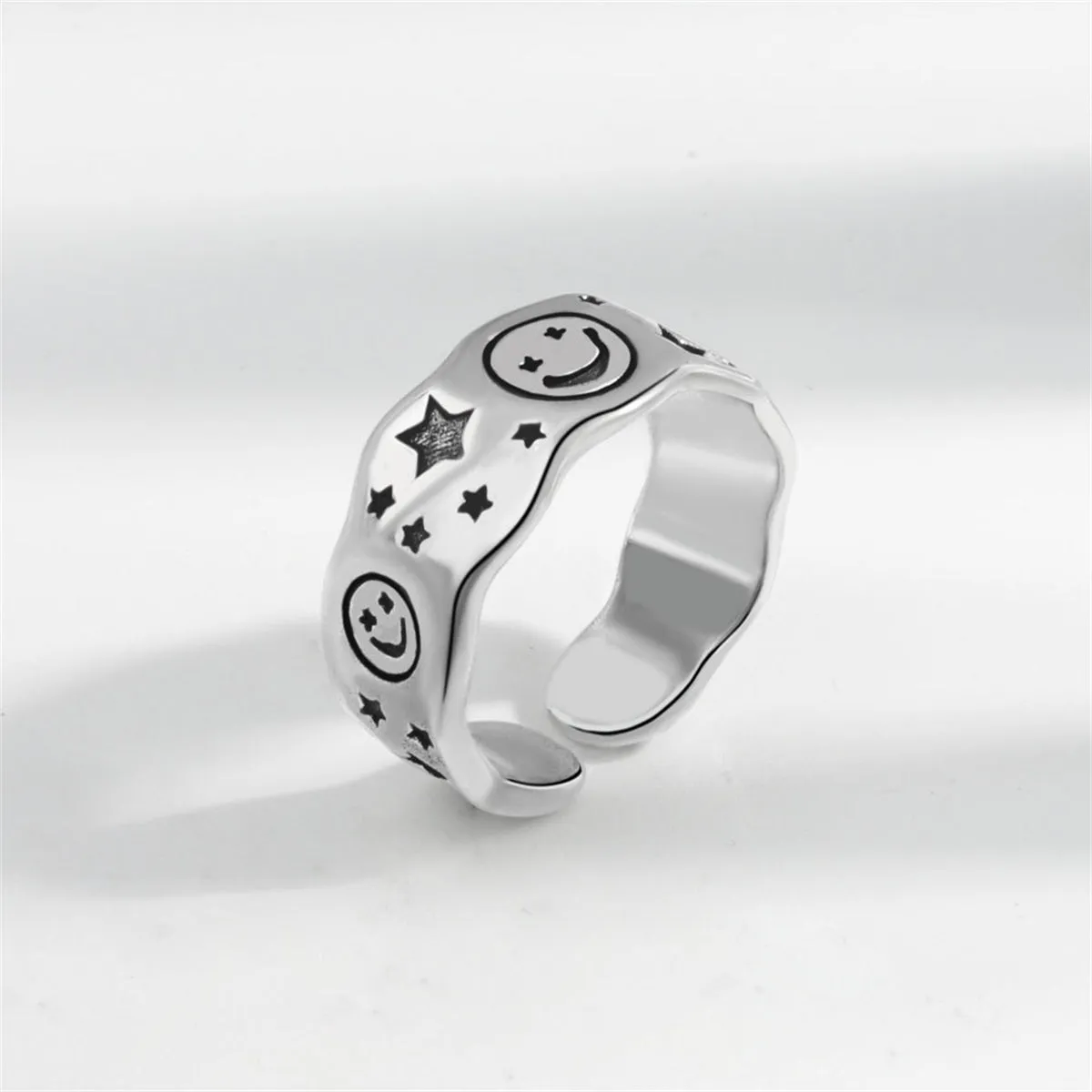 Black Enamel & Silver-Plated Star Smiley Open Ring