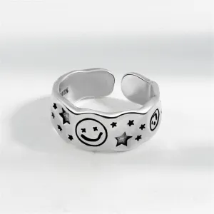 Black Enamel & Silver-Plated Star Smiley Open Ring