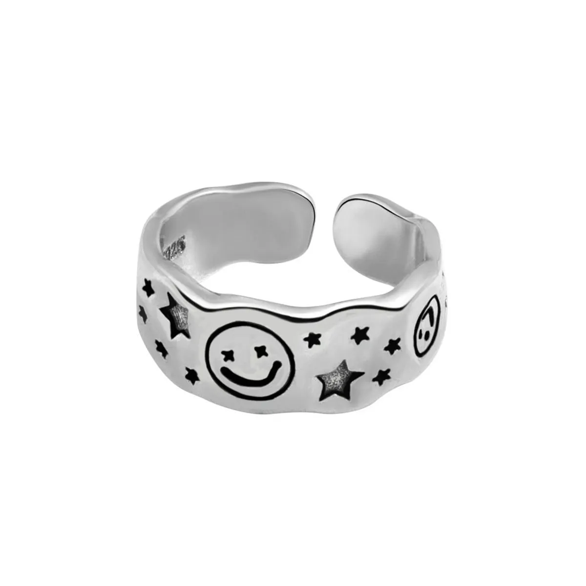 Black Enamel & Silver-Plated Star Smiley Open Ring