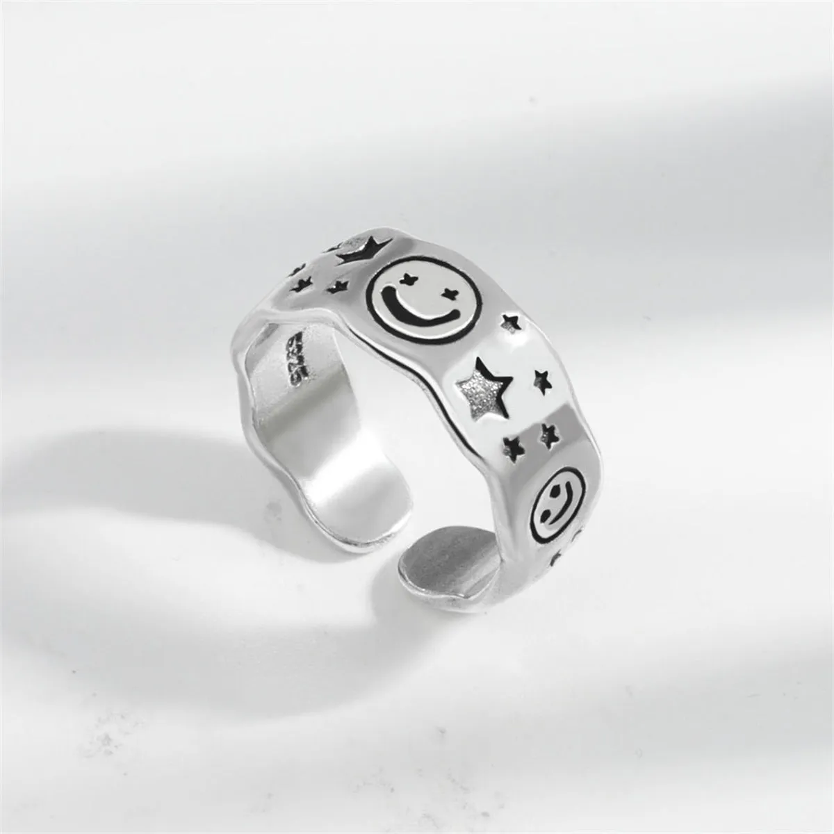 Black Enamel & Silver-Plated Star Smiley Open Ring