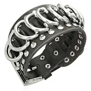 Black Leather Alloy Silver-Tone Links Snap Wristband Mens Adjustable Bracelet
