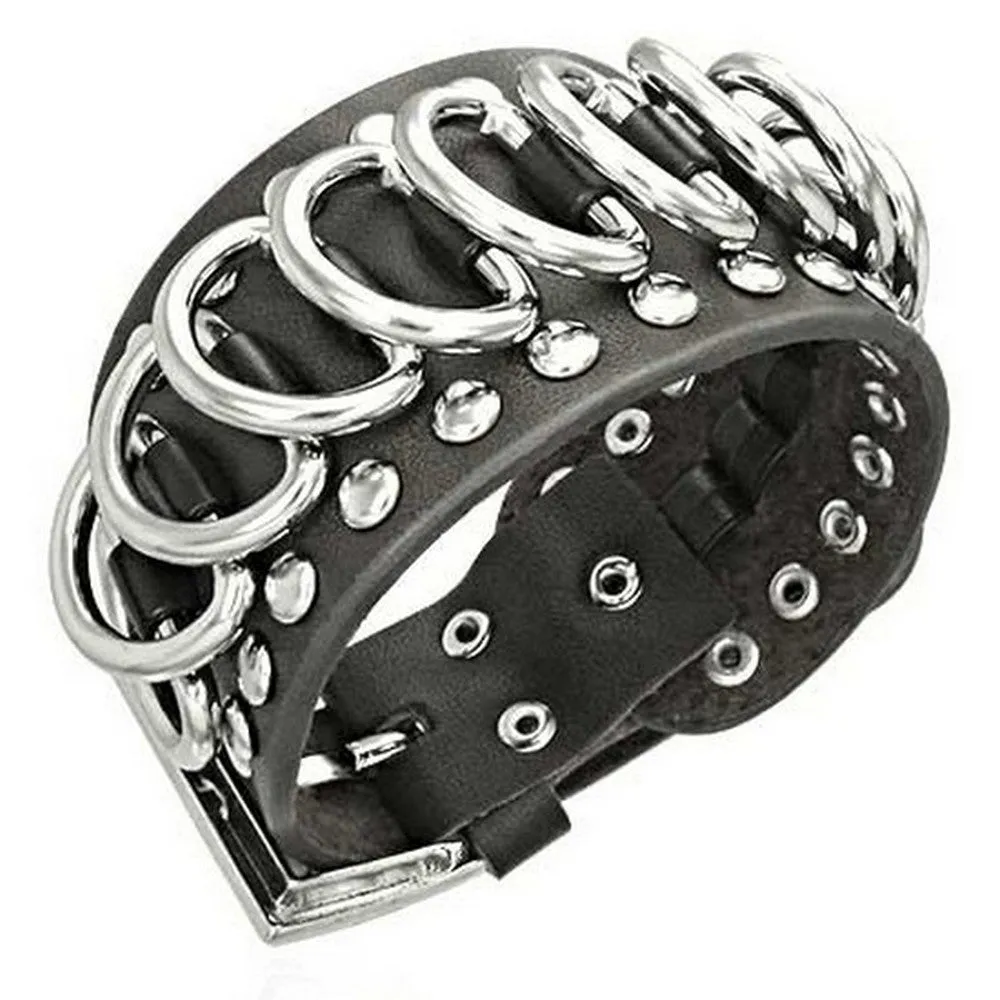Black Leather Alloy Silver-Tone Links Snap Wristband Mens Adjustable Bracelet