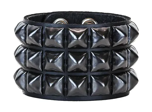 Black leather bracelet w/ 3 rows of black pyramid studs