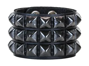 Black leather bracelet w/ 3 rows of black pyramid studs