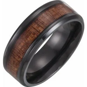 Black Titanium 8 mm Beveled-Edge Band with Wood Inlay Size 10
