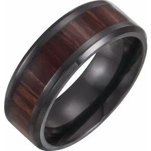 Black Titanium 8 mm Beveled-Edge Band with Wood Inlay Size 13.5