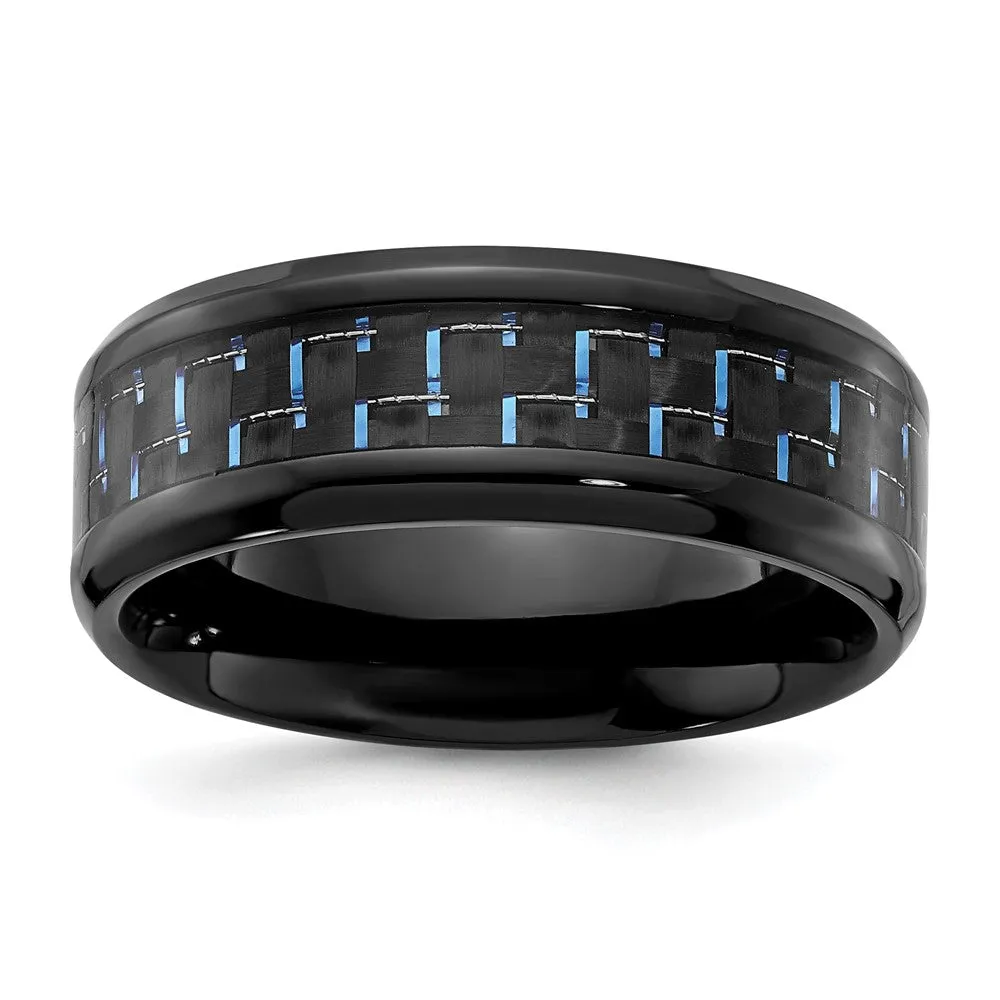 Black Titanium Polished with Black & Blue Carbon Fiber Inlay 8mm Band