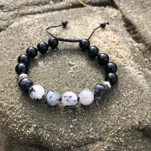 Black Tourmaline & Tourmalinated Quartz Adjustable Beaded Bracelet