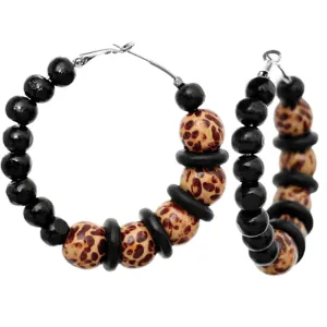 Black Wooden Beaded Cheetah Hoop Earrings