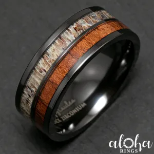 Black Zirconium Ring with Antler & Hawaiian Koa Wood Duo Inlay - 8mm, Flat Shape, Comfort Fitment