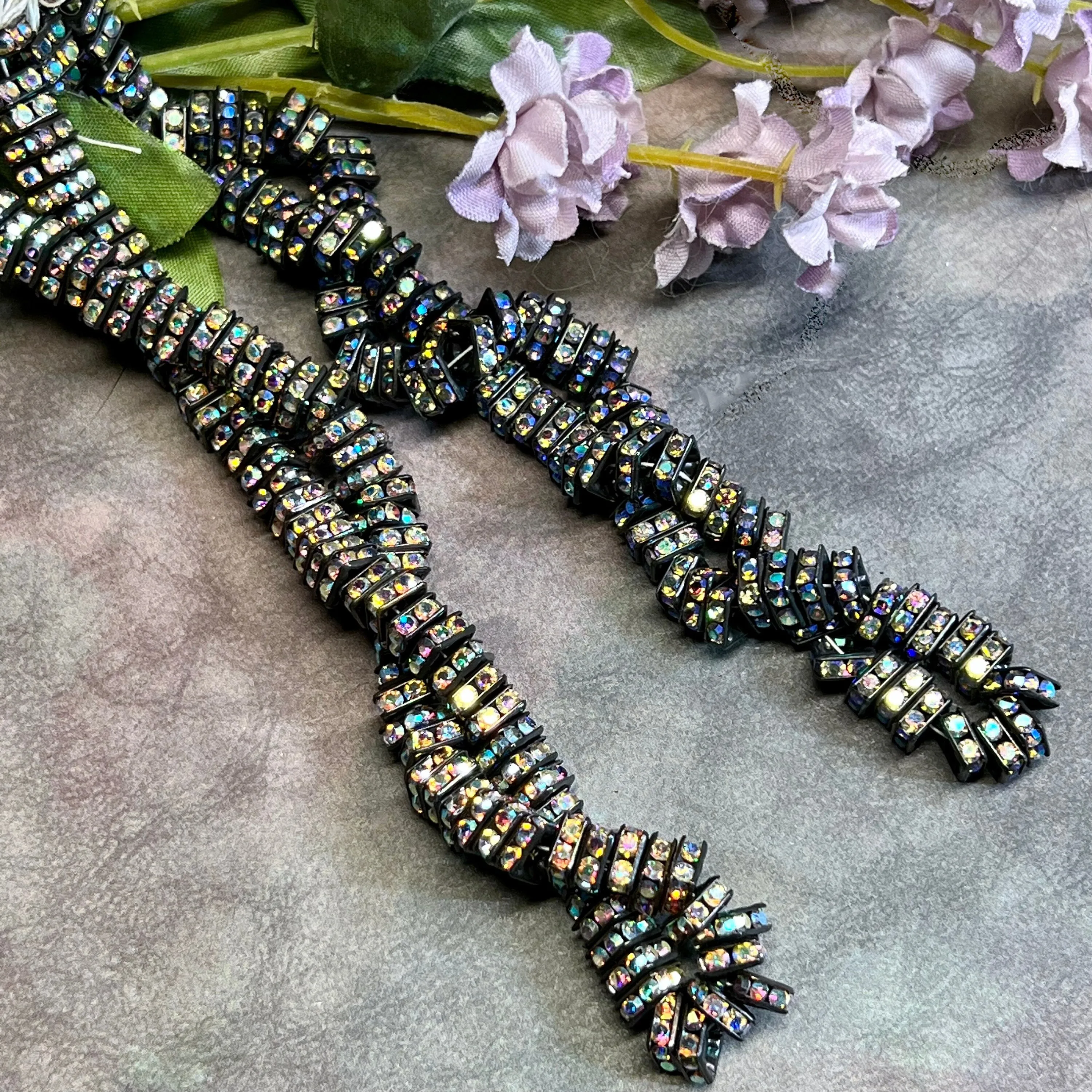 Blackened Squaredells, 6 & 8mm Square Rondells, 12 Pcs, 2 Shades Crystal AB, Fuchsia AB, Black Square Beads with AB Finish, Black Metal Beads