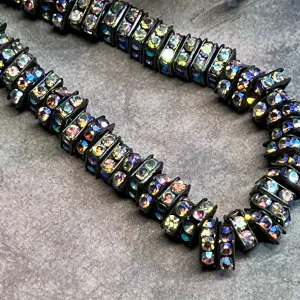 Blackened Squaredells, 6 & 8mm Square Rondells, 12 Pcs, 2 Shades Crystal AB, Fuchsia AB, Black Square Beads with AB Finish, Black Metal Beads