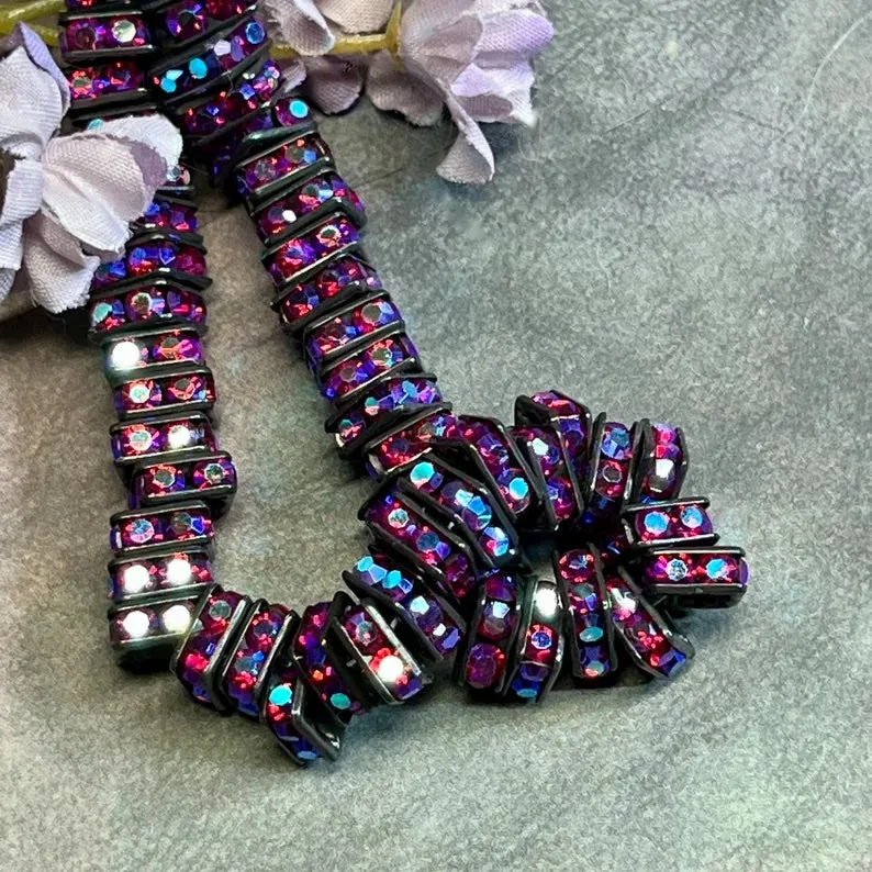Blackened Squaredells, 6 & 8mm Square Rondells, 12 Pcs, 2 Shades Crystal AB, Fuchsia AB, Black Square Beads with AB Finish, Black Metal Beads