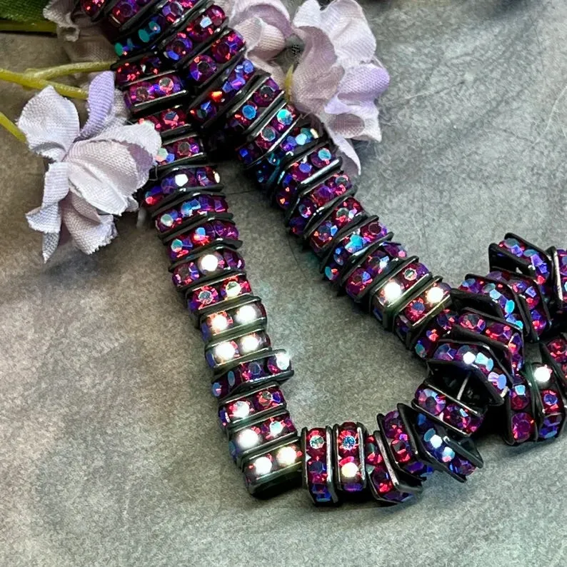 Blackened Squaredells, 6 & 8mm Square Rondells, 12 Pcs, 2 Shades Crystal AB, Fuchsia AB, Black Square Beads with AB Finish, Black Metal Beads