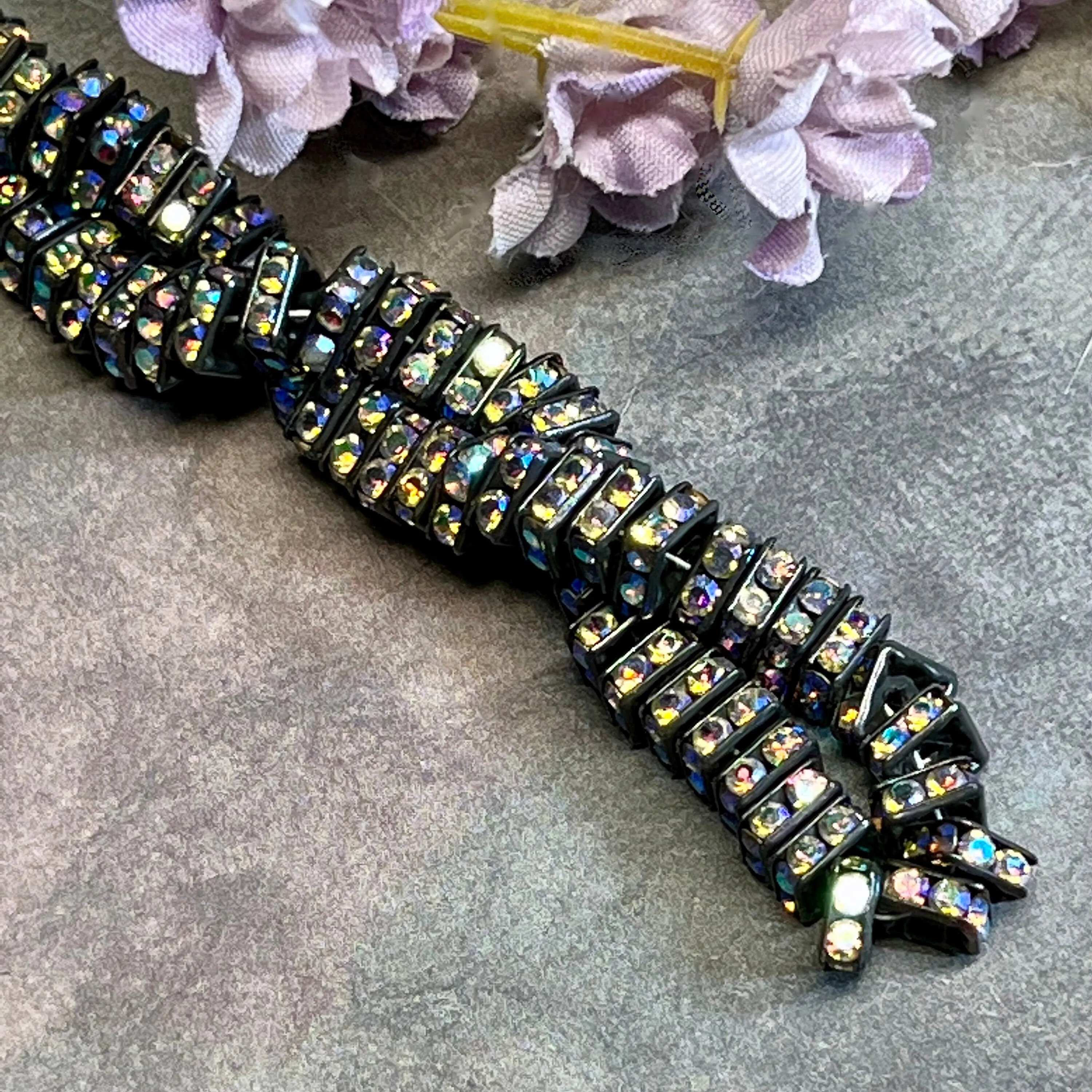 Blackened Squaredells, 6 & 8mm Square Rondells, 12 Pcs, 2 Shades Crystal AB, Fuchsia AB, Black Square Beads with AB Finish, Black Metal Beads