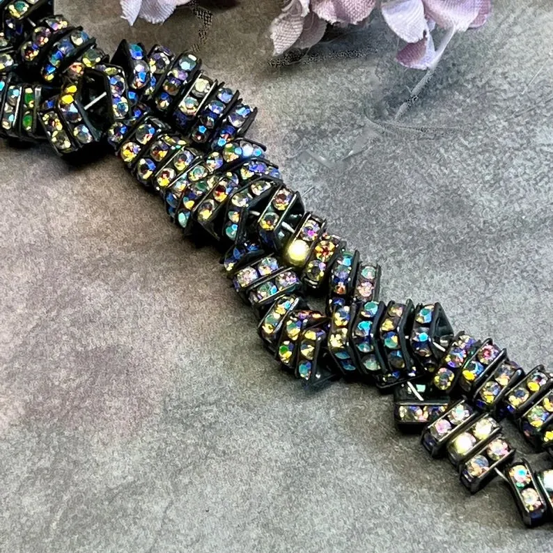 Blackened Squaredells, 6 & 8mm Square Rondells, 12 Pcs, 2 Shades Crystal AB, Fuchsia AB, Black Square Beads with AB Finish, Black Metal Beads