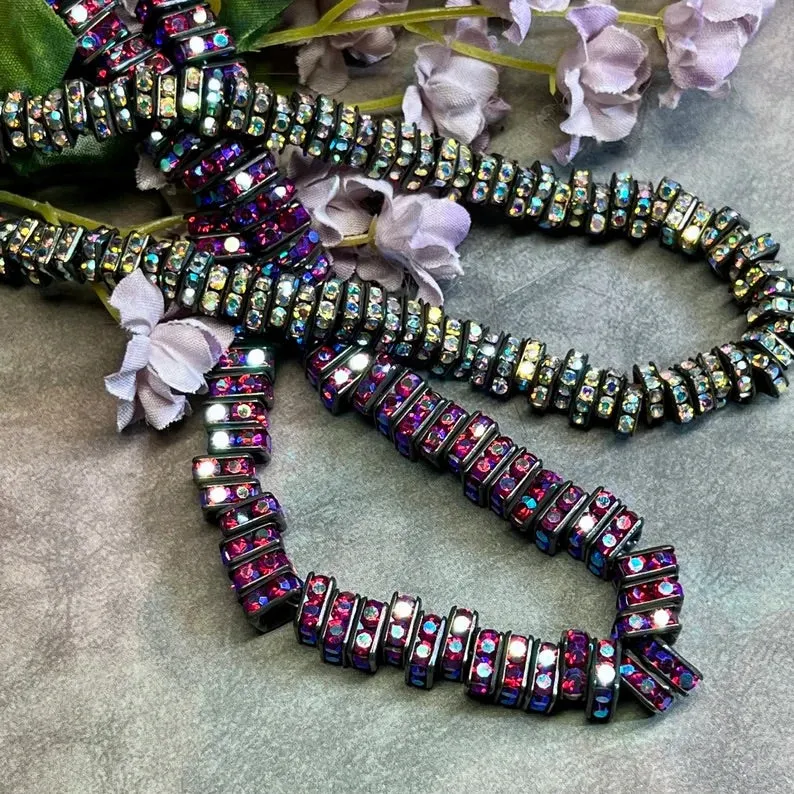 Blackened Squaredells, 6 & 8mm Square Rondells, 12 Pcs, 2 Shades Crystal AB, Fuchsia AB, Black Square Beads with AB Finish, Black Metal Beads
