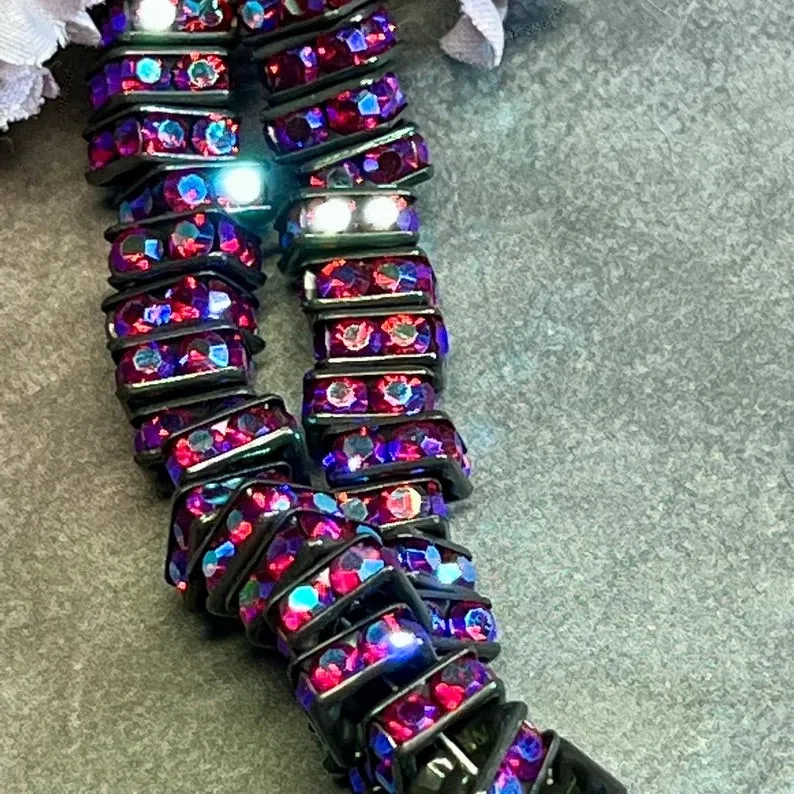 Blackened Squaredells, 6 & 8mm Square Rondells, 12 Pcs, 2 Shades Crystal AB, Fuchsia AB, Black Square Beads with AB Finish, Black Metal Beads