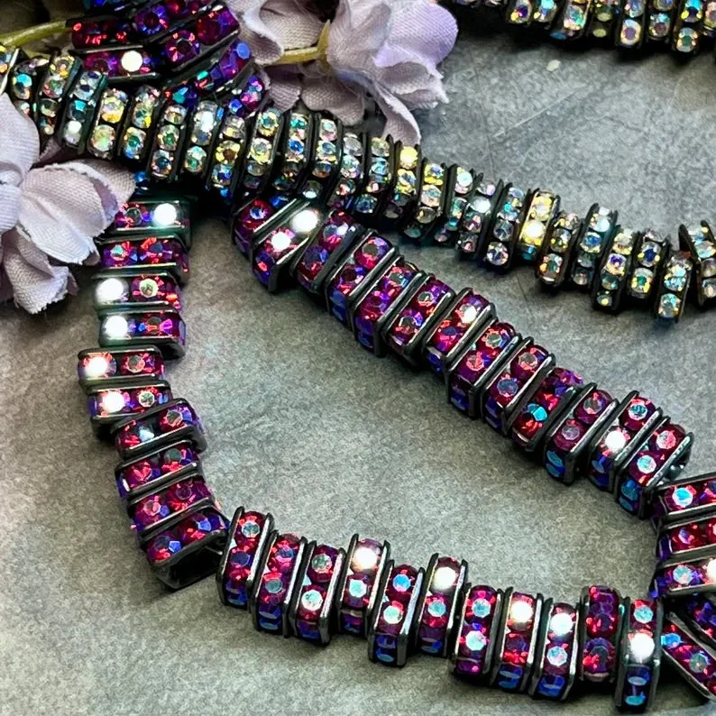 Blackened Squaredells, 6 & 8mm Square Rondells, 12 Pcs, 2 Shades Crystal AB, Fuchsia AB, Black Square Beads with AB Finish, Black Metal Beads