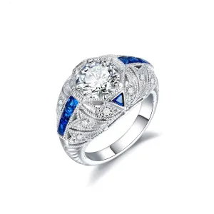 Blue & White Crystal Milgrain-Edge Ring