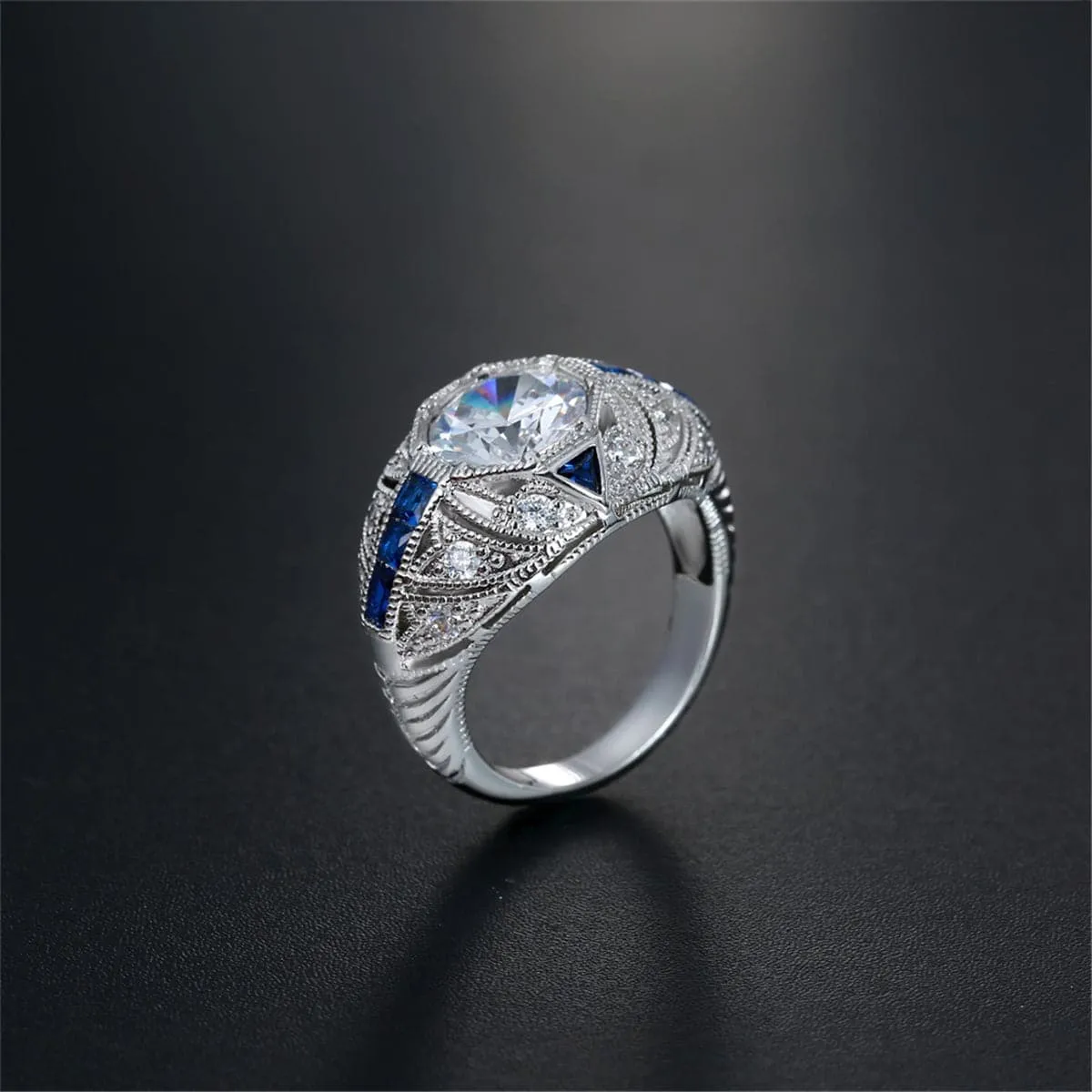 Blue & White Crystal Milgrain-Edge Ring