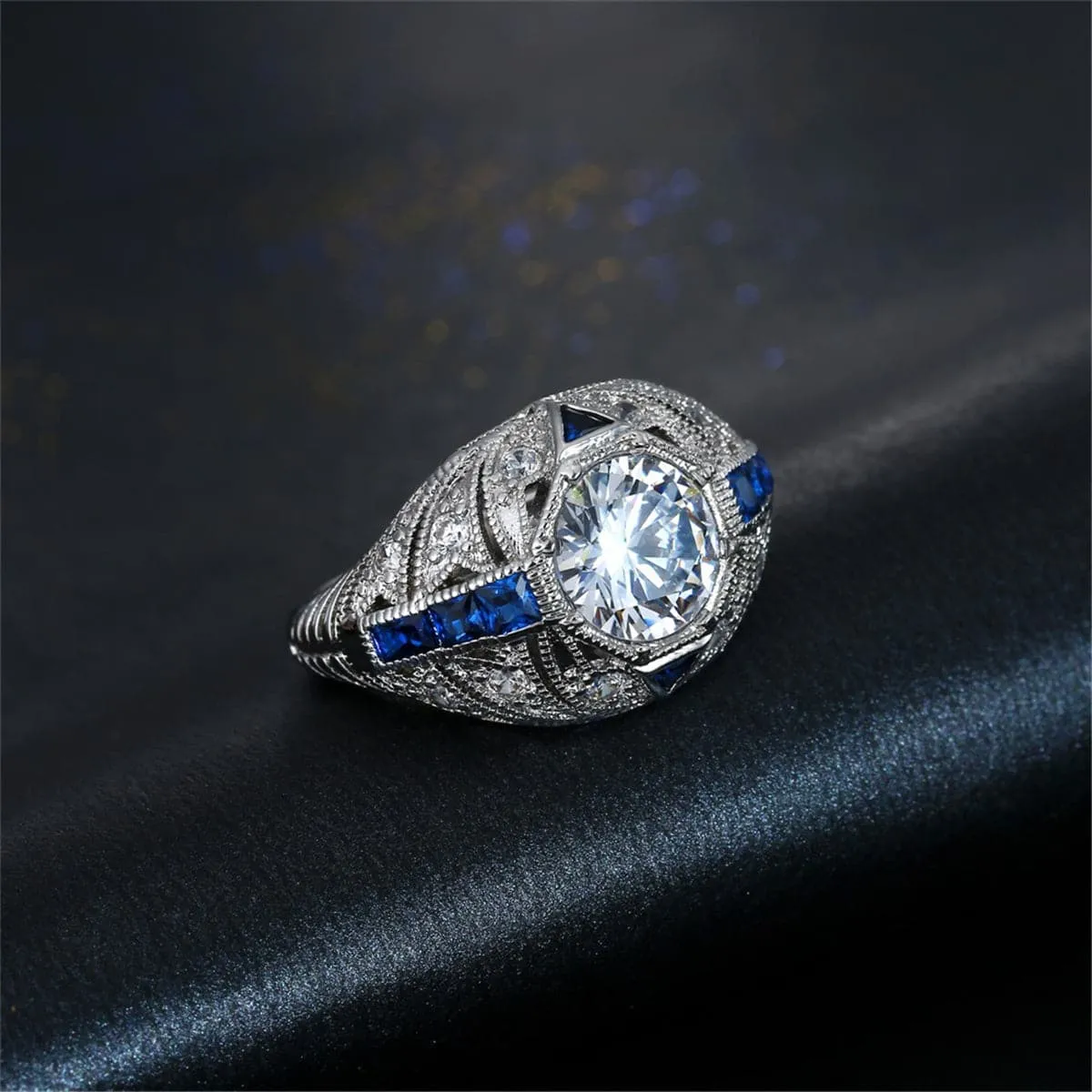 Blue & White Crystal Milgrain-Edge Ring