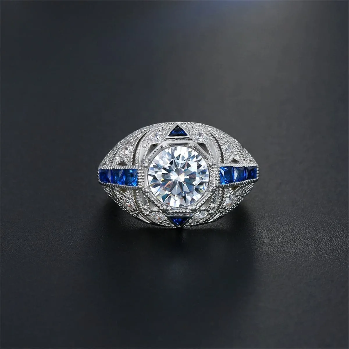 Blue & White Crystal Milgrain-Edge Ring