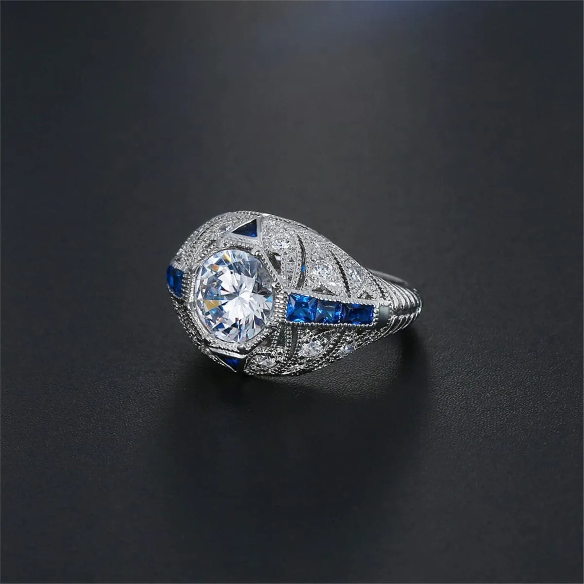 Blue & White Crystal Milgrain-Edge Ring