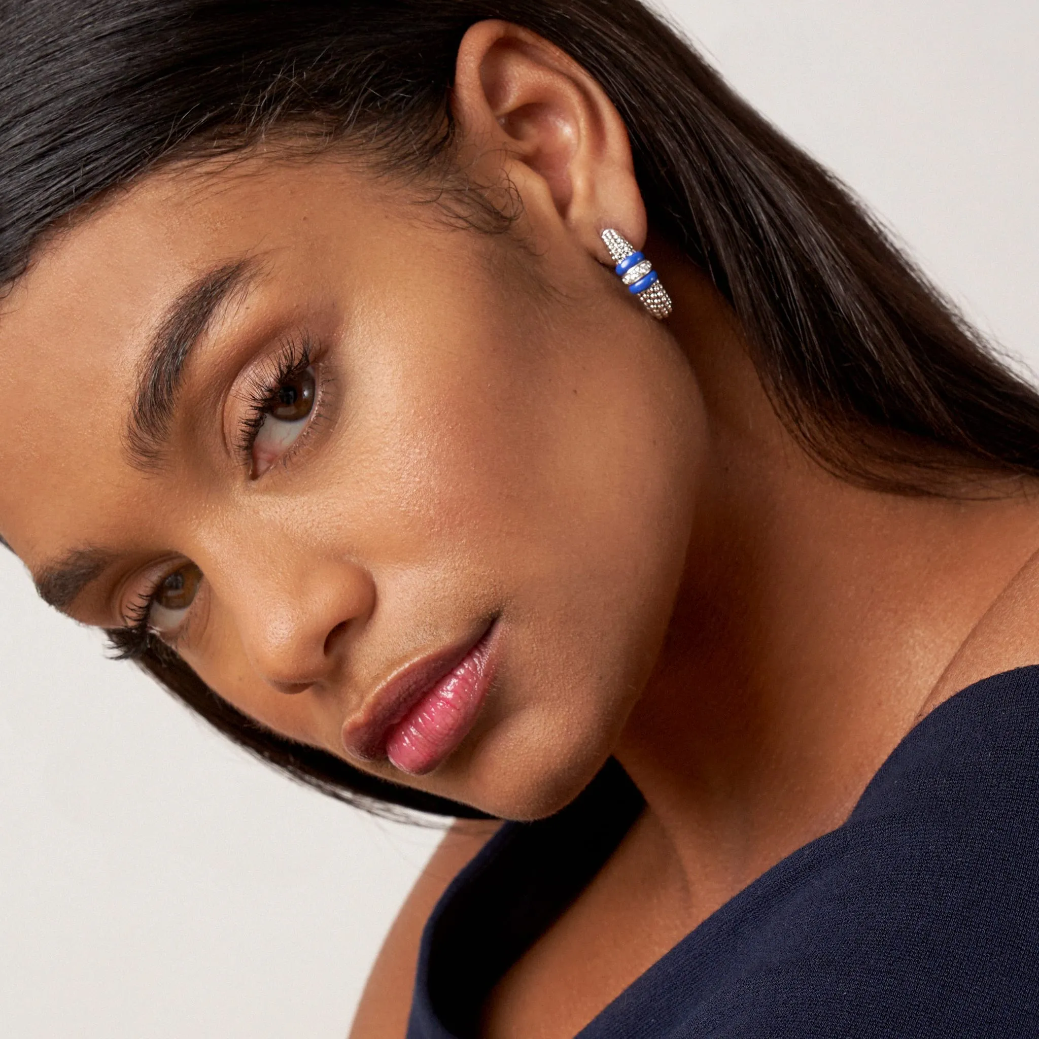 Blue Caviar Ultramarine Ceramic Caviar Diamond Hoop Earrings